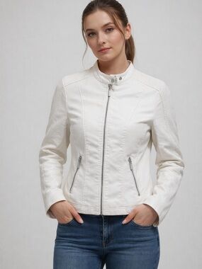 Baccini White Faux Leather Moto Jacket Women’s Fitted Zip Up Small
